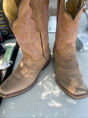 Women's Tan Suede Western Ankle Boots with Pink Stitching